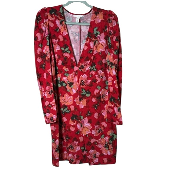 H&M Dresses & Skirts - NWOT H&M Large Red Floral Long Sleeve Dress Deep V-neck MIDI